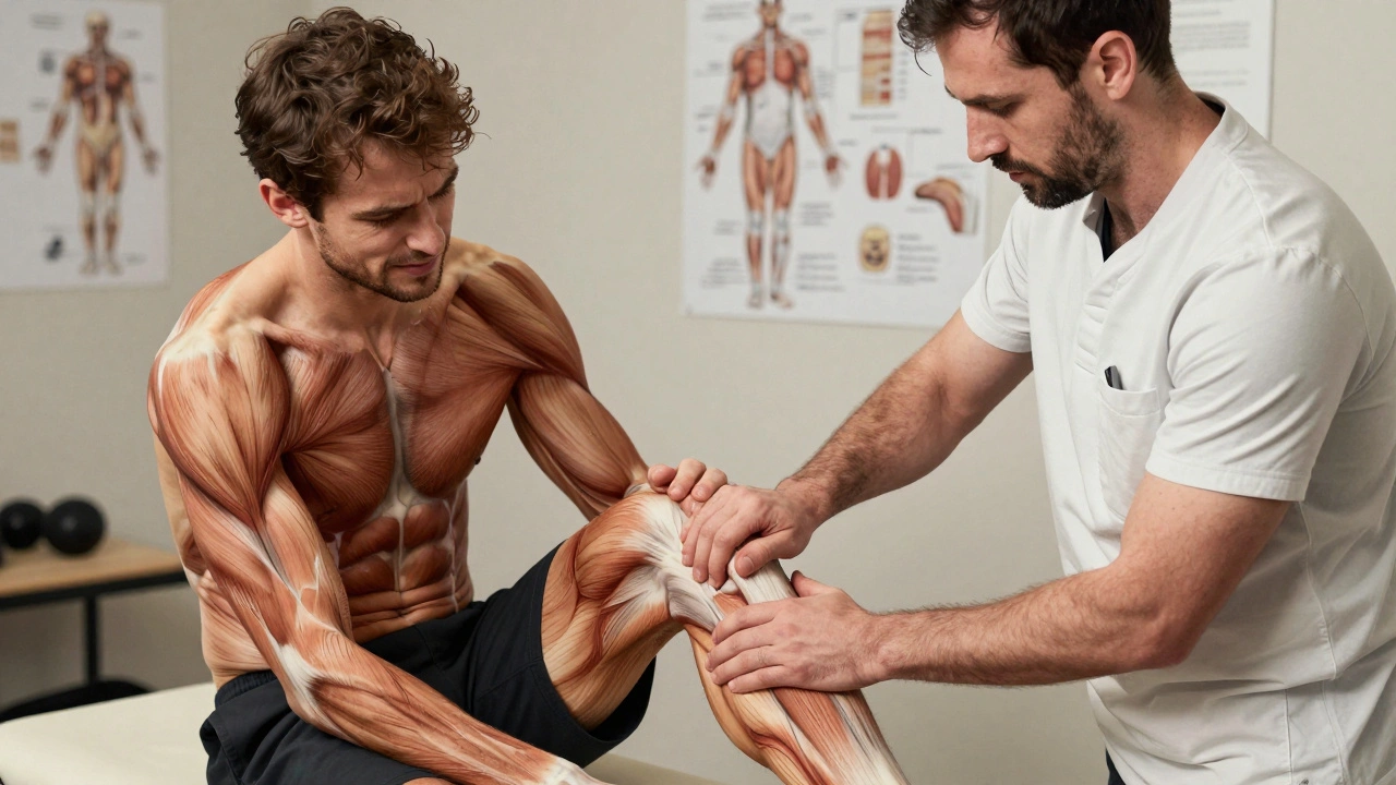 Therapist applying deep tissue friction to cyclist's hamstring in a clinical setting with anatomical diagrams visible.
