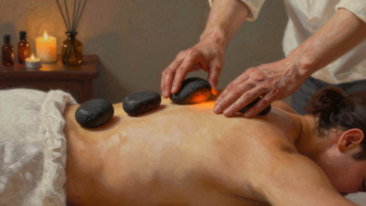Therapist using warm volcanic stones in smooth strokes over tense shoulders in a calm spa setting.