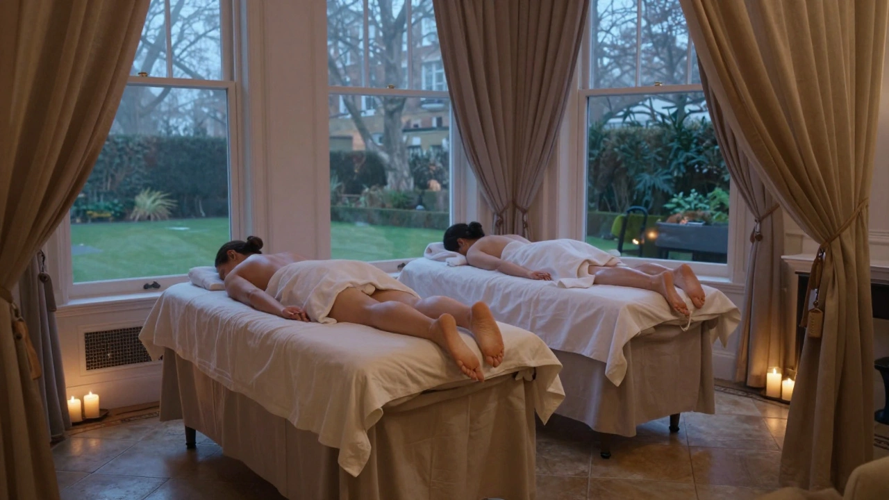 Two people relaxing side by side on a massage table in a luxurious hotel suite with candlelight.
