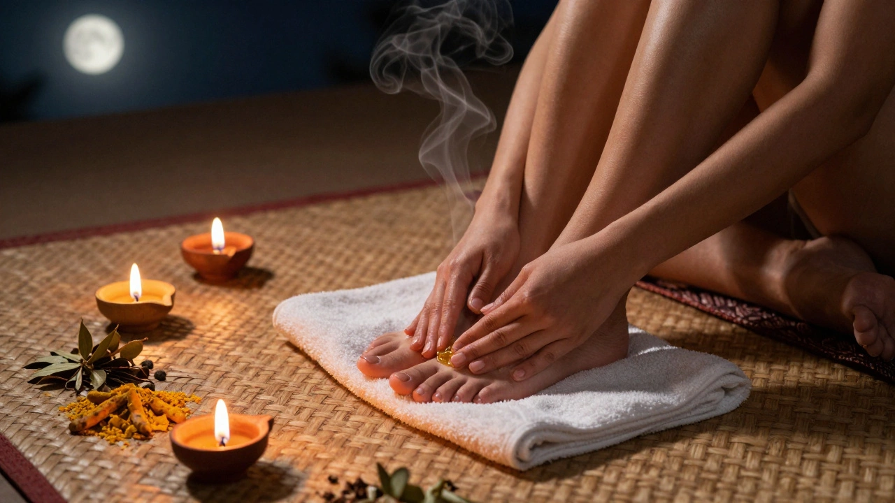 Woman massaging her feet with warm oil at night, oil lamps and herbs surrounding her.