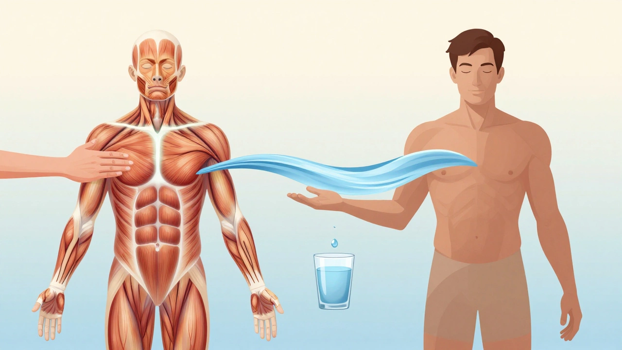 A body transitioning from tense to relaxed, with water symbolizing hydration and recovery after massage.