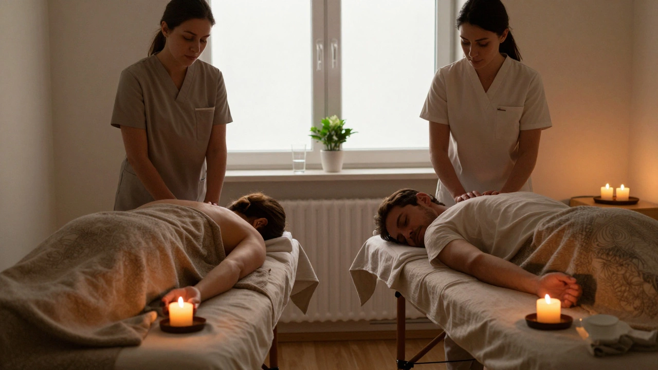 A couple enjoying side-by-side massage sessions at home with two therapists and warm candlelight.