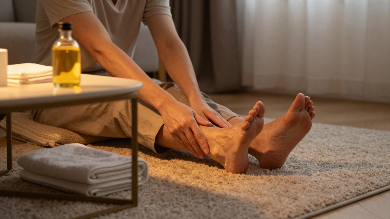 A couple giving each other a gentle foot massage at home, bathed in warm lamplight.