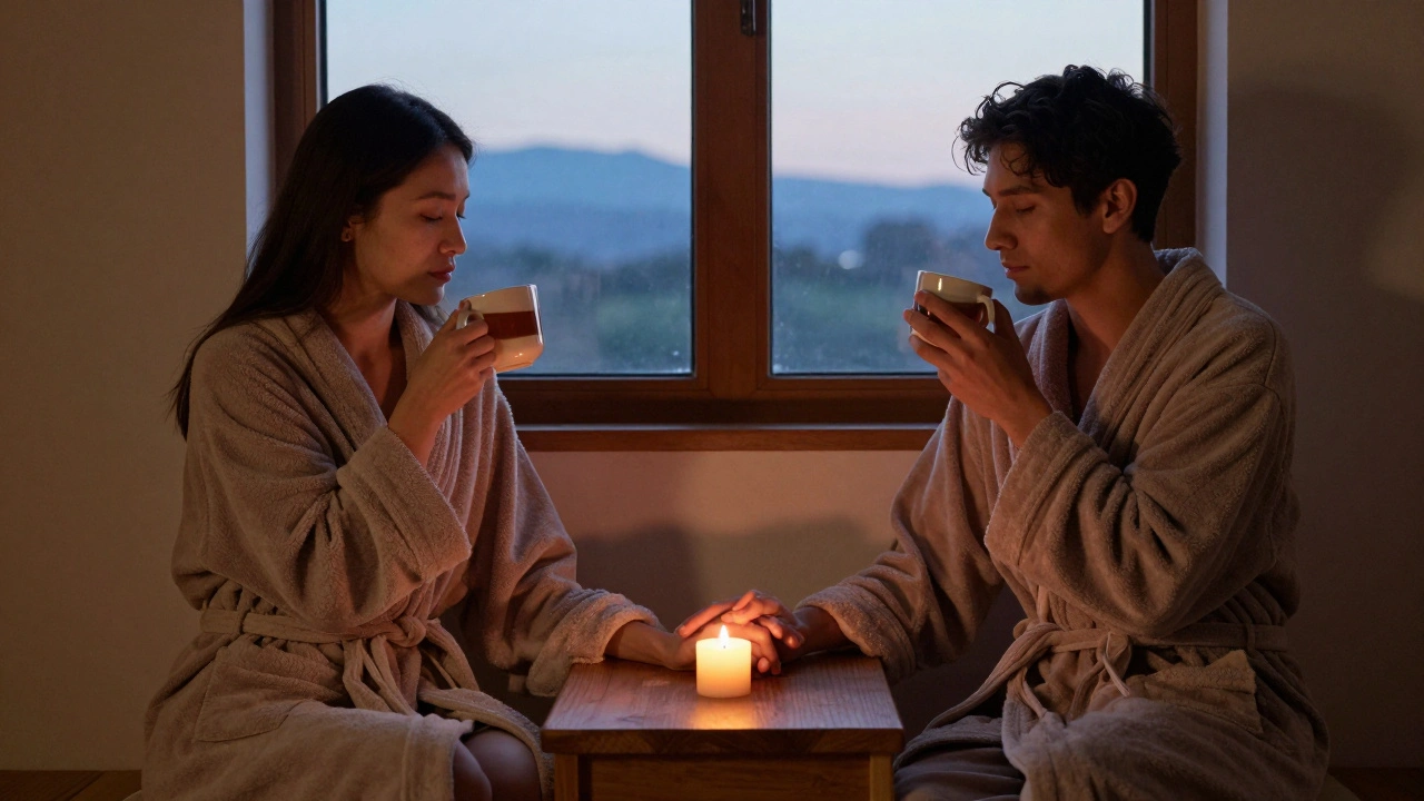 A couple sitting quietly together after a massage, holding hands and sipping tea in peaceful stillness.