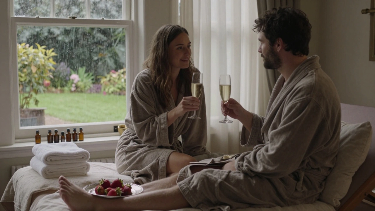 A couple smiling softly after a massage, wrapped in robes, sipping champagne in a quiet garden room.