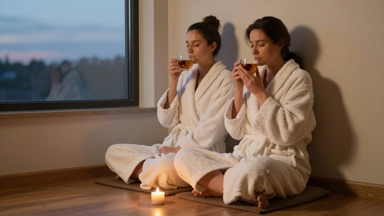 A couple wrapped in robes, sipping tea and holding hands in peaceful silence after a massage.