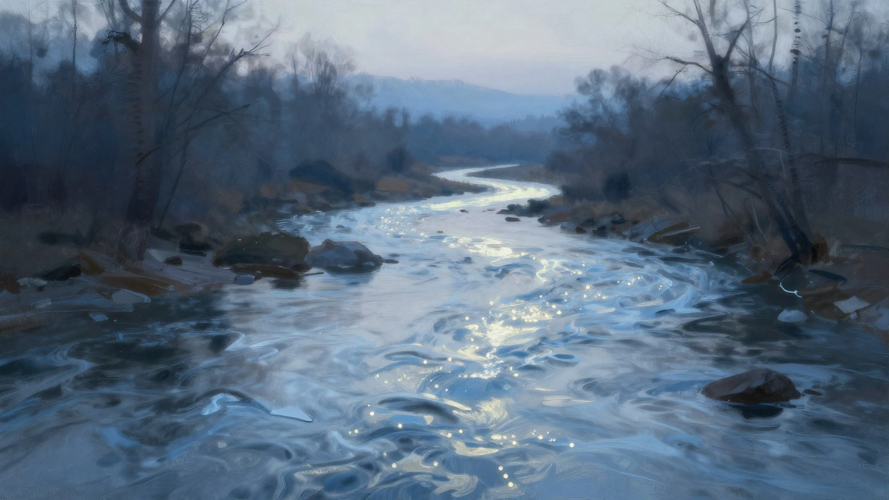 A flowing river of light through a landscape representing lymphatic system flow.