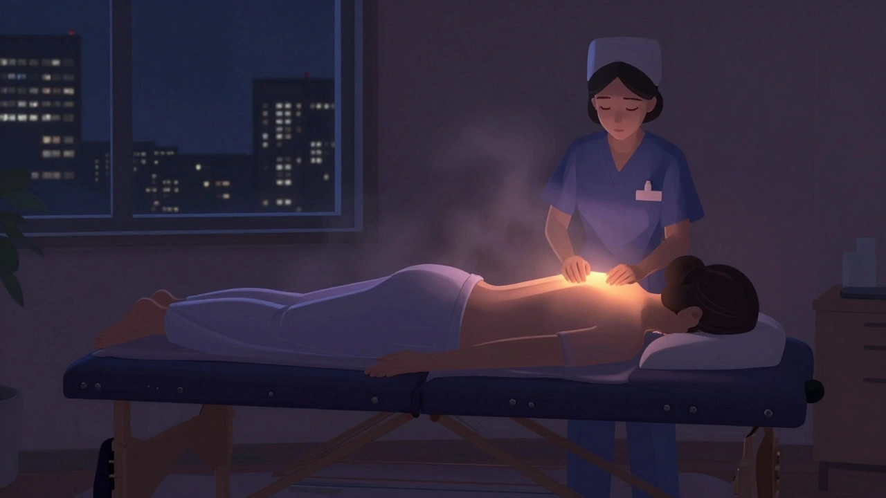 A nurse sleeps peacefully during a late-night outcall massage in her bedroom, with warm stones and soft lighting.