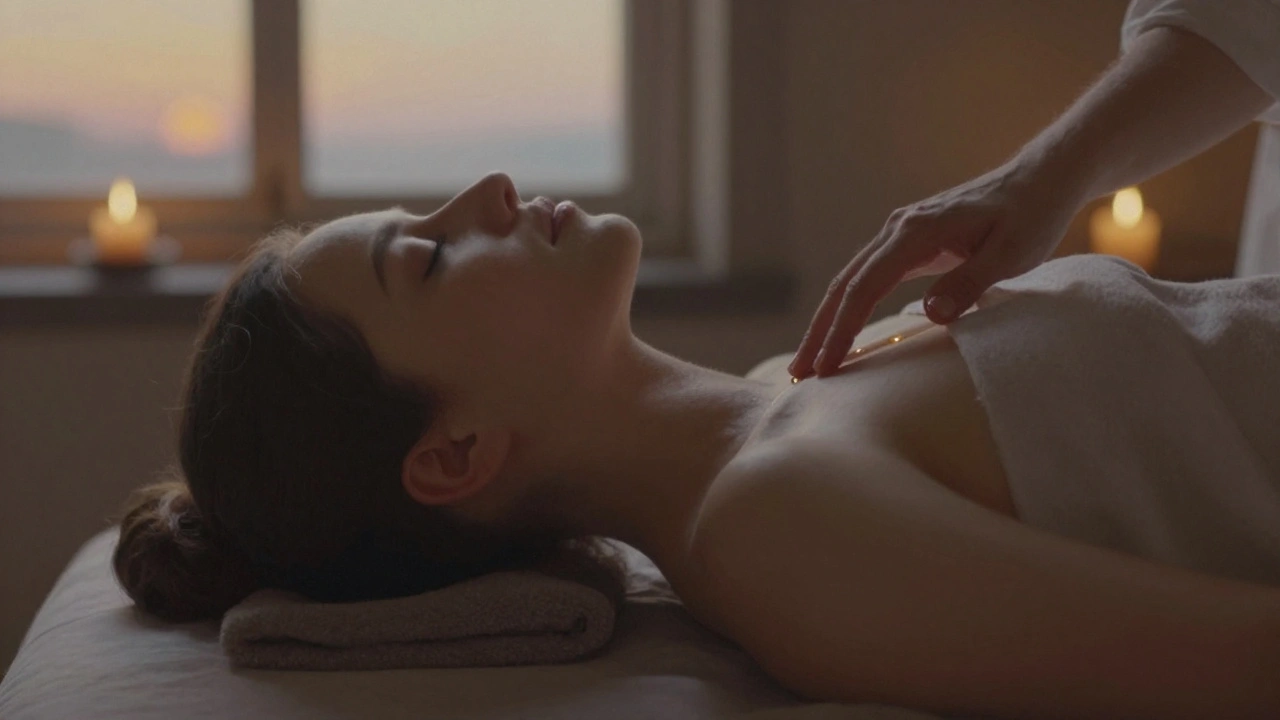 A person at peace during a massage, bathed in warm candlelight, with a single oil droplet falling onto skin.