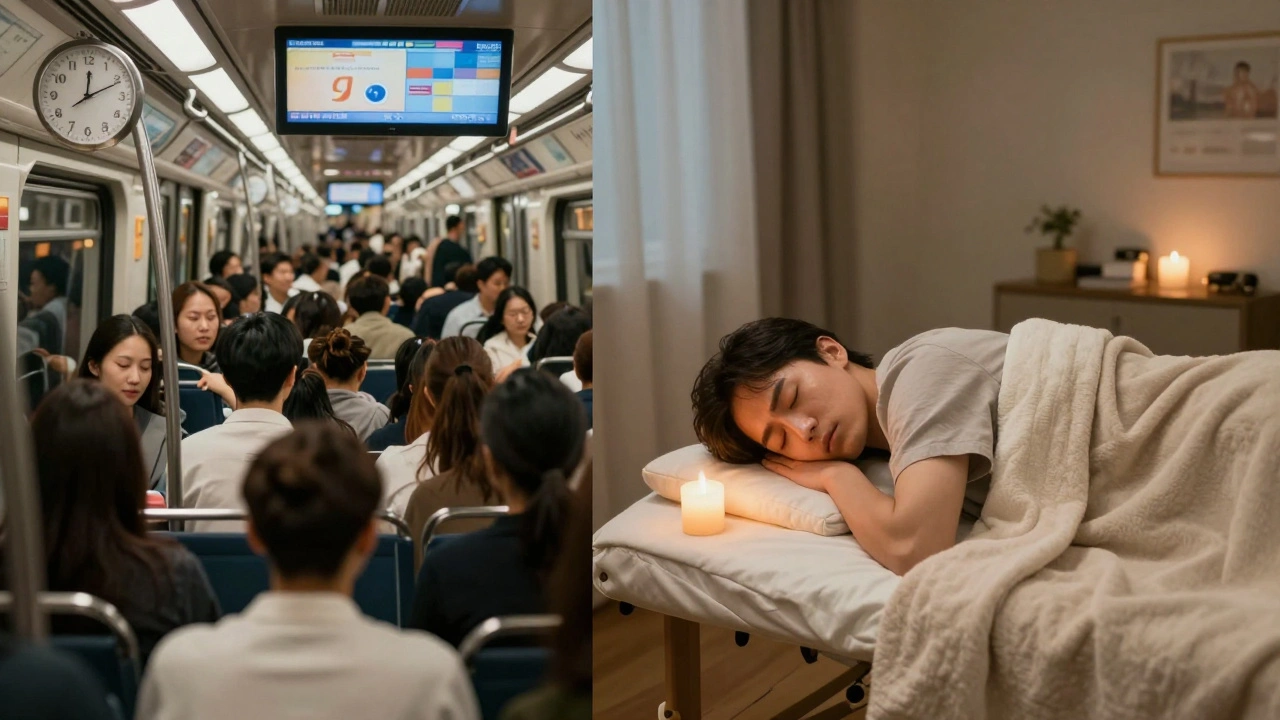 A split image contrasts a stressful commute with serene relaxation at home, showing the power of outcall massage.