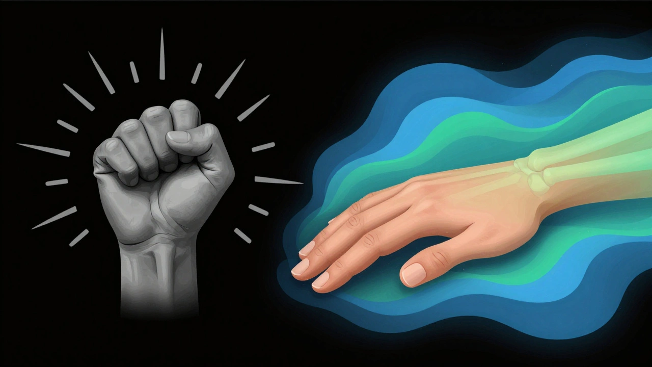 A visual contrast between a painful, stiff hand and a relaxed hand with soothing waves symbolizing improved circulation.