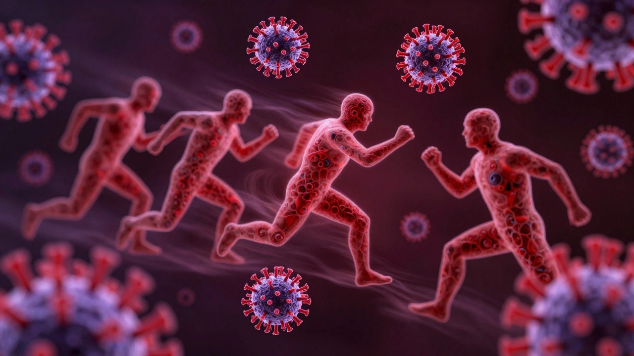 Abstract immune cells battling pathogens in a vibrant, surreal scene.