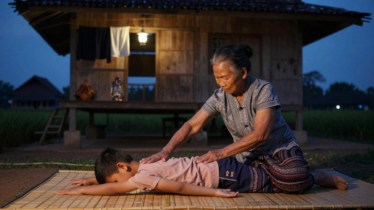 An elderly Thai woman giving traditional massage to her grandson in a rural village at dusk, on a bamboo mat under a simple home.