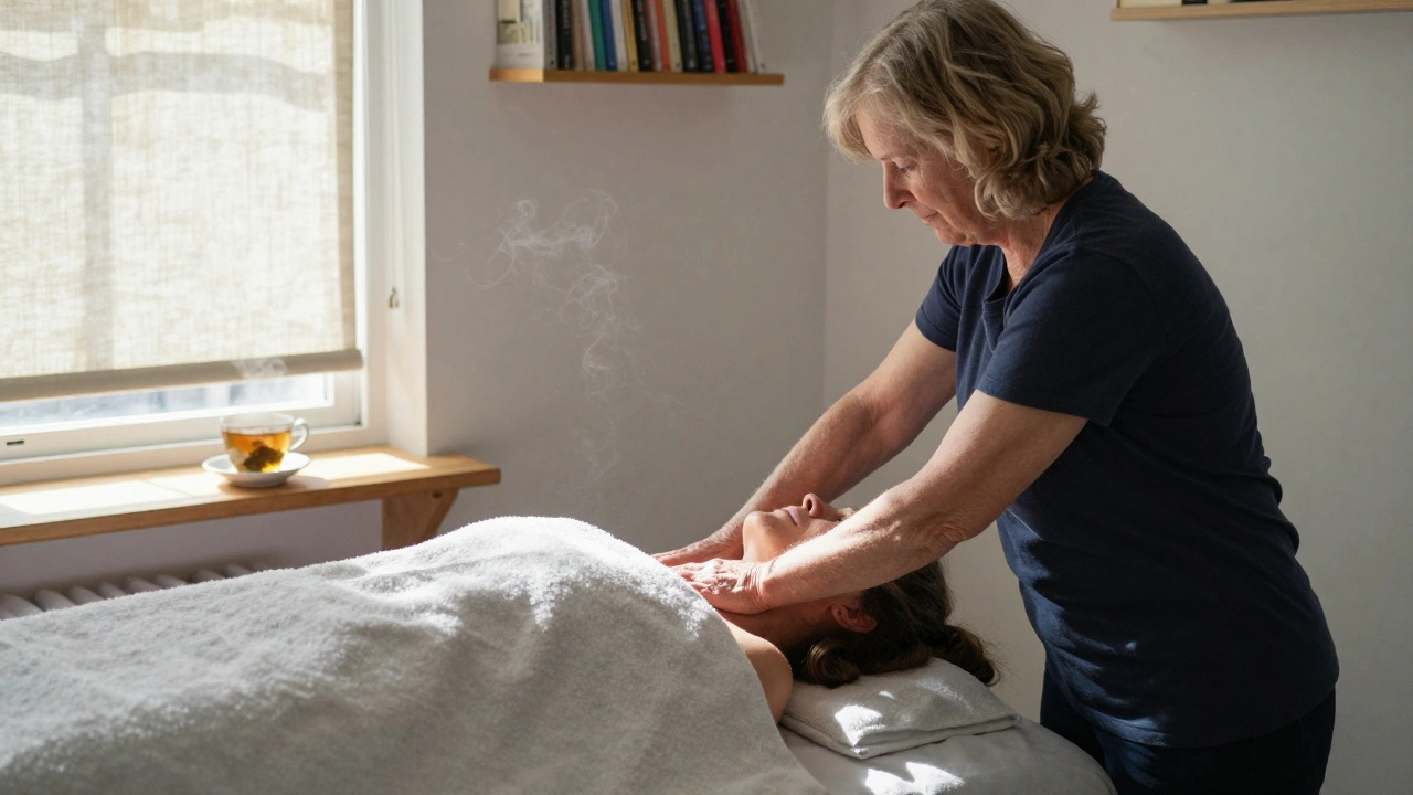 An elderly therapist works on a client's neck in a quiet, sunlit room above a bookshop, with towels and a cup of tea nearby.