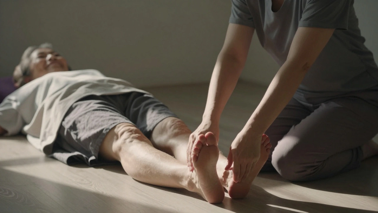 An elderly woman smiling as she reaches her toes during a Thai massage, with a calm practitioner beside her on the floor.