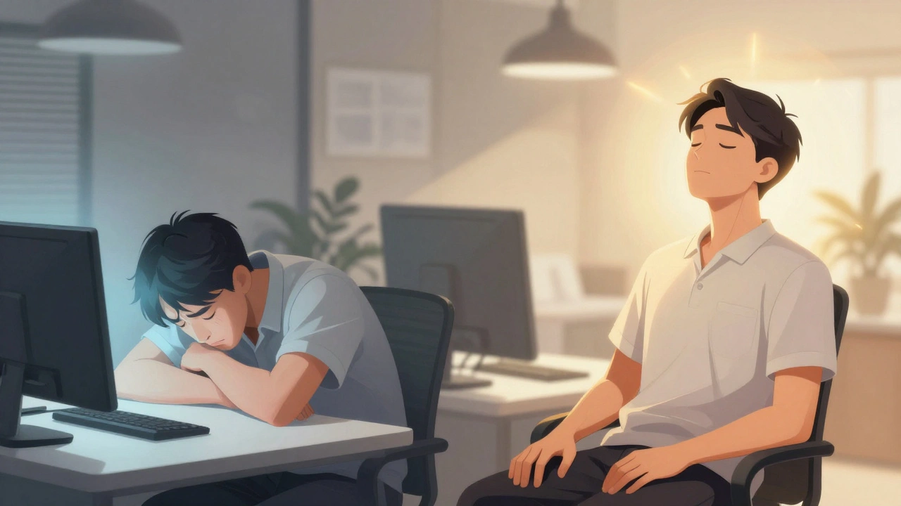 Before and after: a stressed office worker transformed into a relaxed, upright individual after massage therapy.