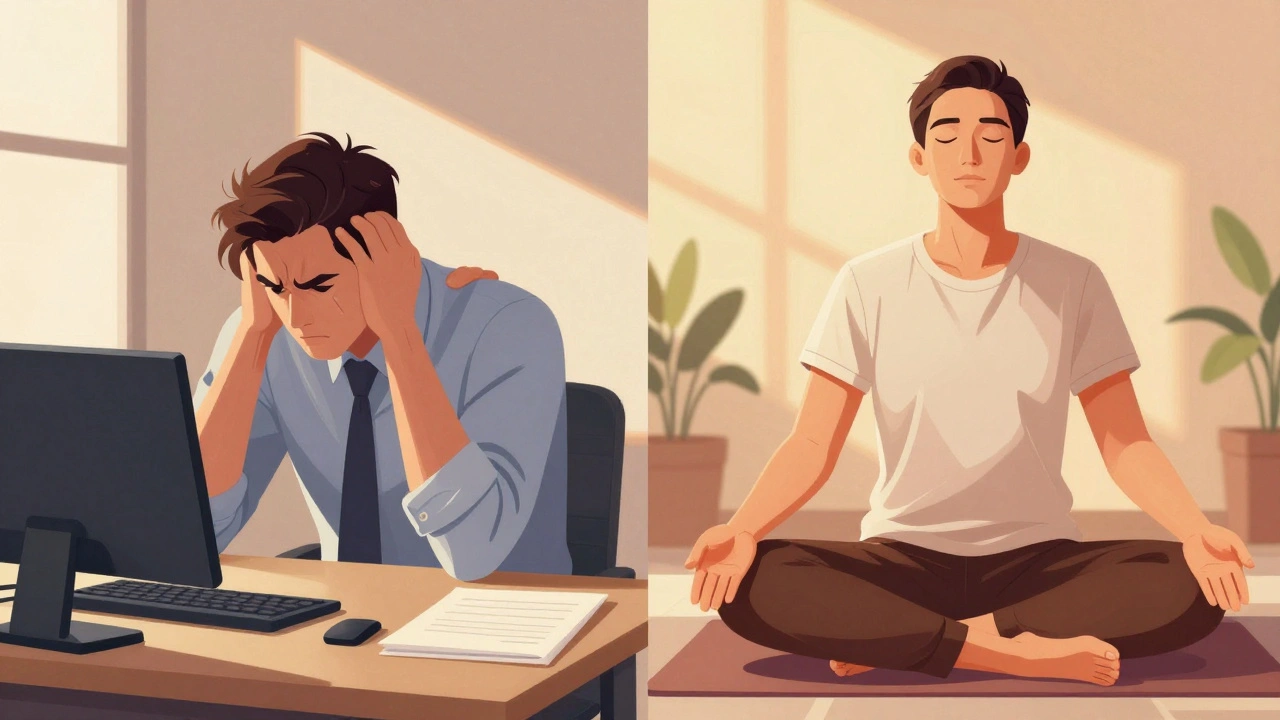 Before-and-after: tense office worker transformed into peaceful, relaxed person after Thai massage session.