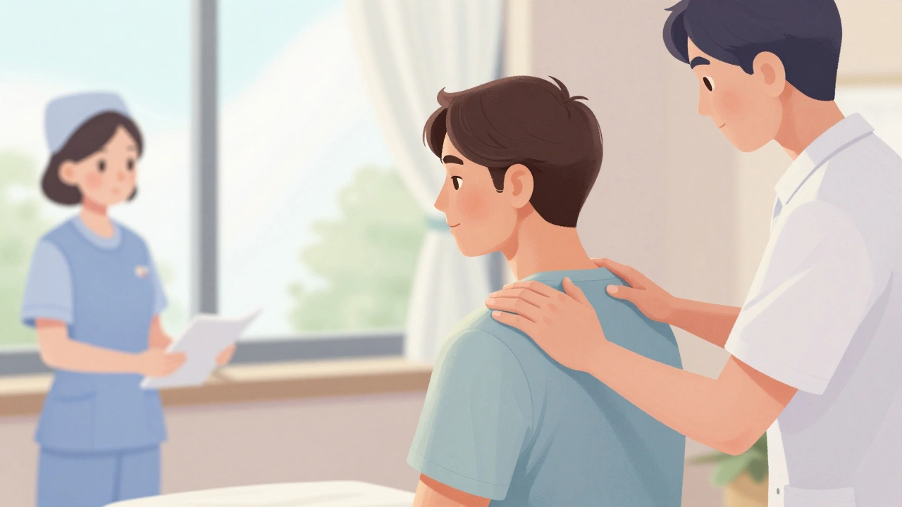 Cancer patient relaxed during massage therapy with nurse monitoring nearby.