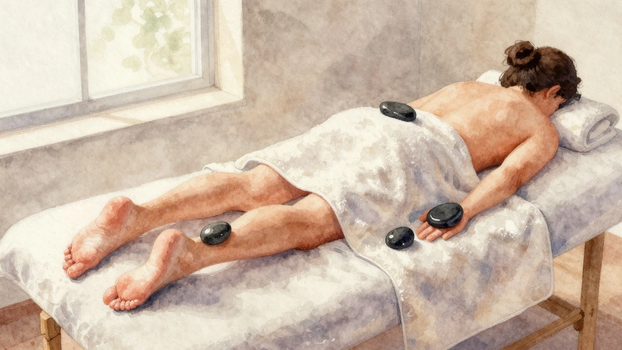 Client with stones on hands and feet relaxing on massage table.