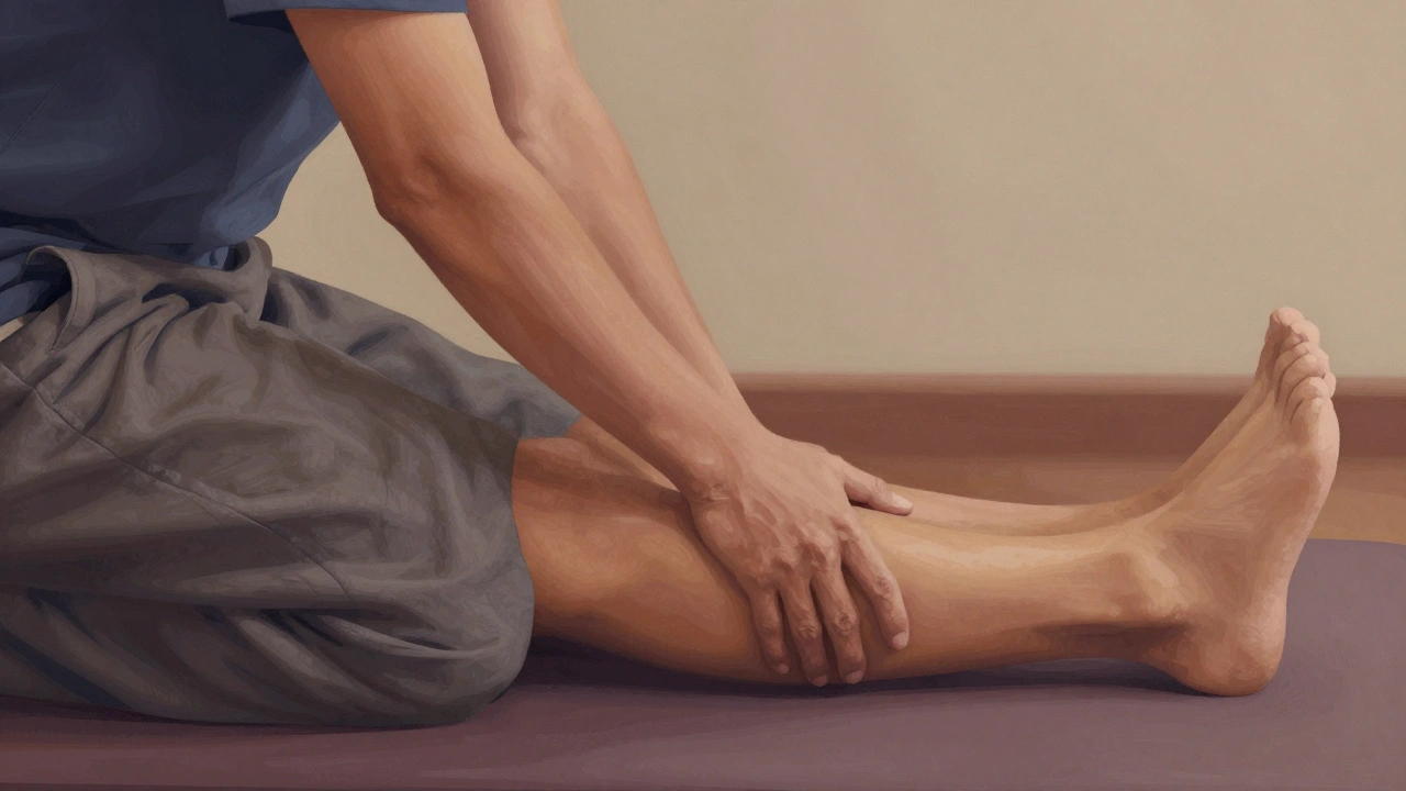 Close-up of a practitioner using their elbow to apply pressure along a client’s leg during a traditional Thai massage session.
