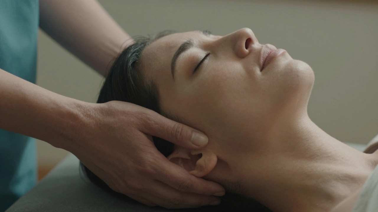 Close-up of a therapist's hands applying pressure to the base of the skull as the client breathes deeply in calm relief.