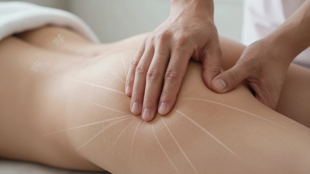 Close-up of hands applying precise trigger point therapy to the gluteal muscles with symbolic flow lines.