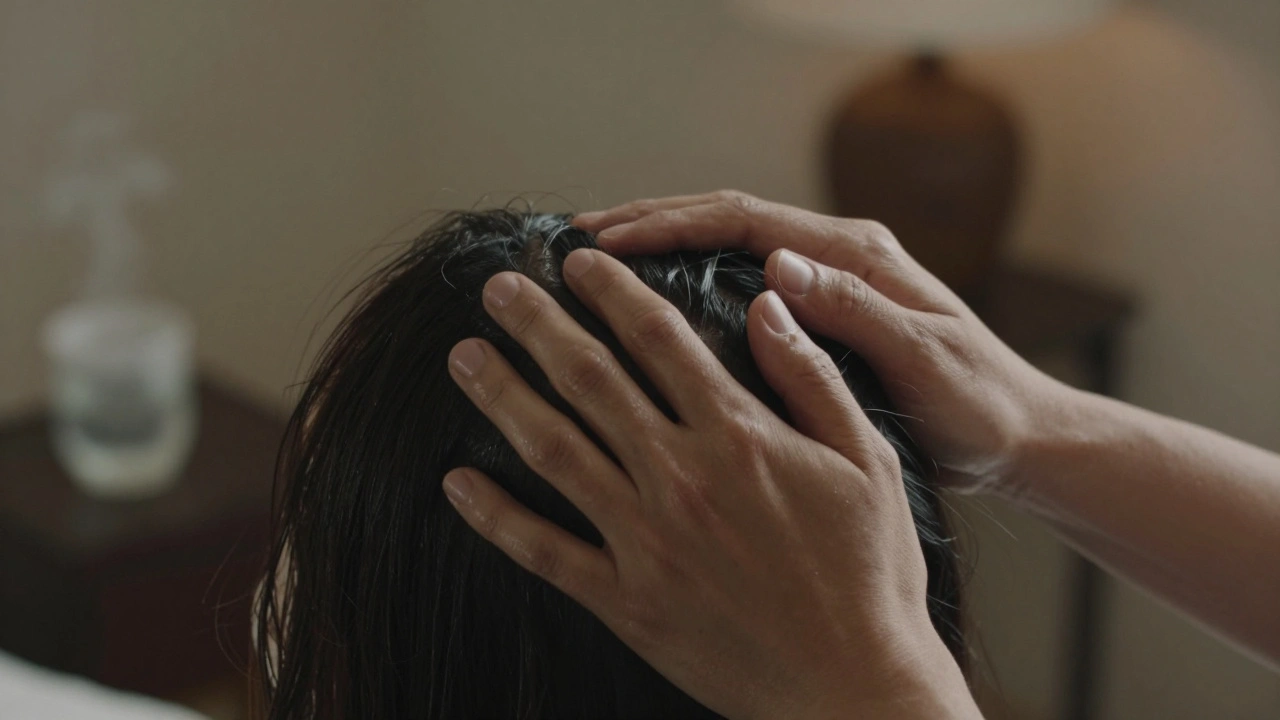 Close-up of hands massaging the scalp in circular motions, natural oils shimmering, loose hair draped over the shoulder.