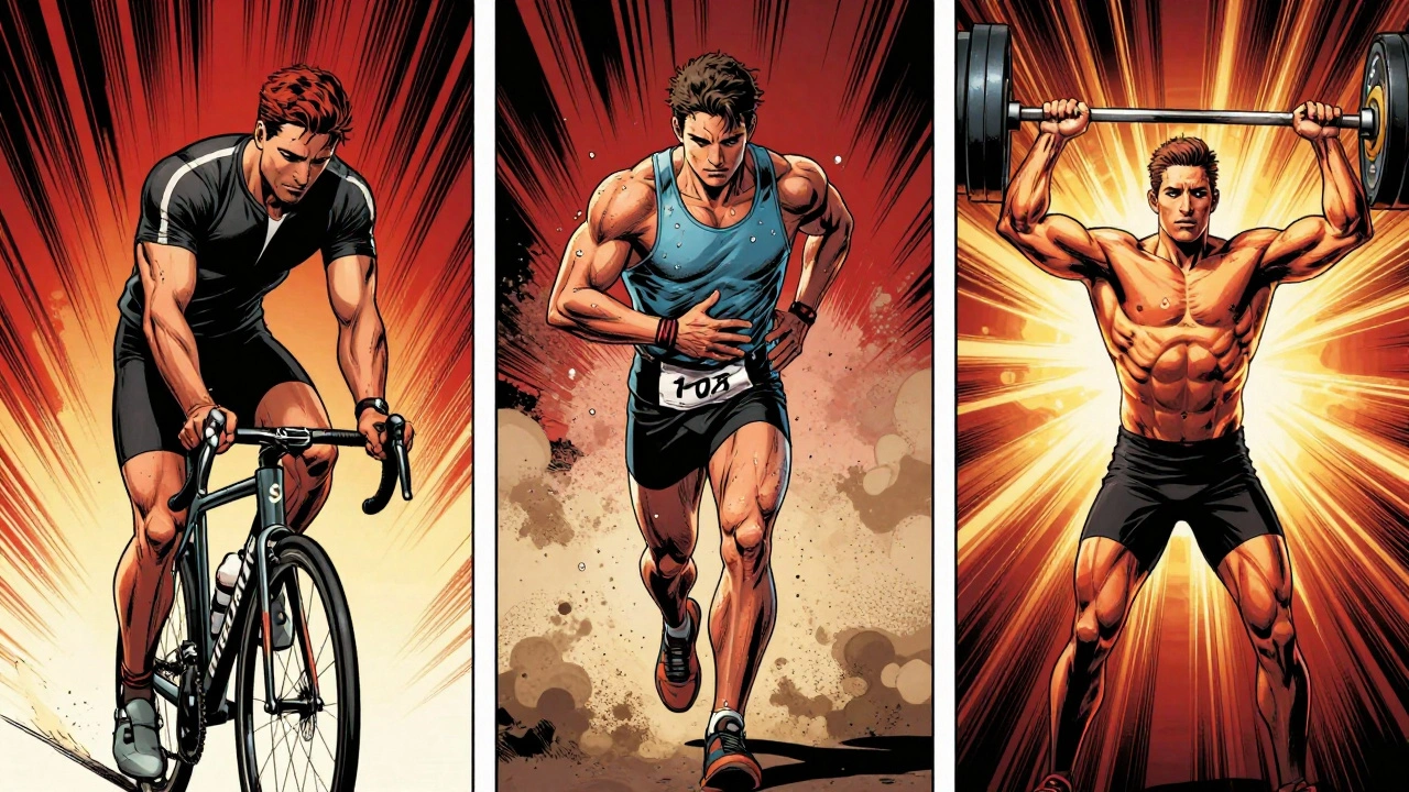 Comic-style triptych showing pre-event, during-event, and post-event sports massage for athletes in motion.