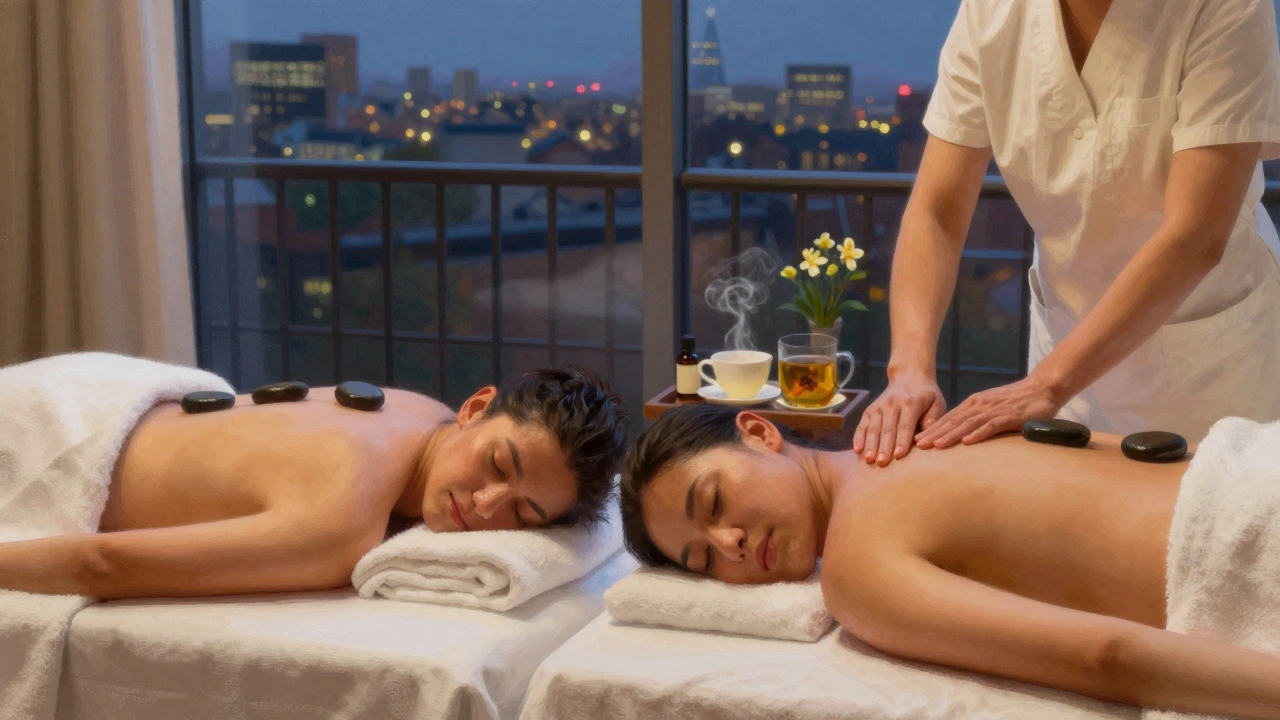 Couples lying side by side in a spa suite, one reaching for the other’s hand under towels, with city lights visible through a balcony.