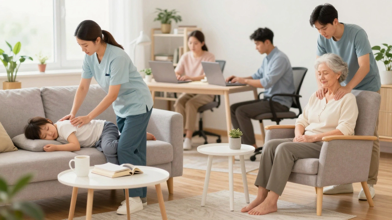 Diverse individuals receiving outcall massages in their homes: a parent, remote worker, and senior.