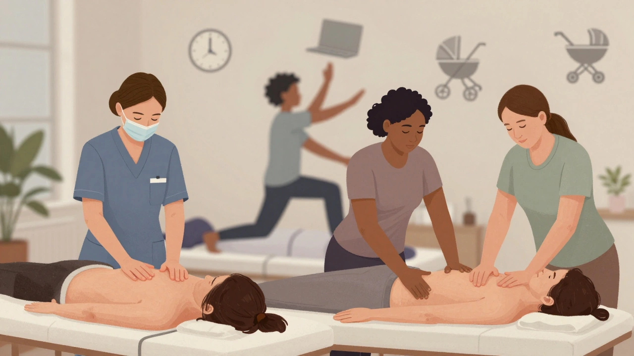 Diverse Londoners receiving tailored massage therapy in different clinic settings, each with subtle symbols of their daily stress dissolving around them.