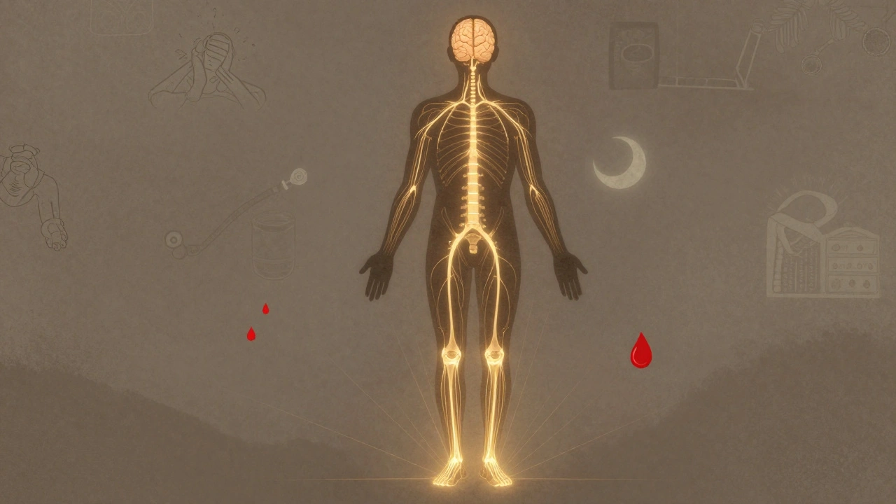 Silhouette of a body with glowing pathways from feet to brain, symbolizing nerve and circulation relief.
