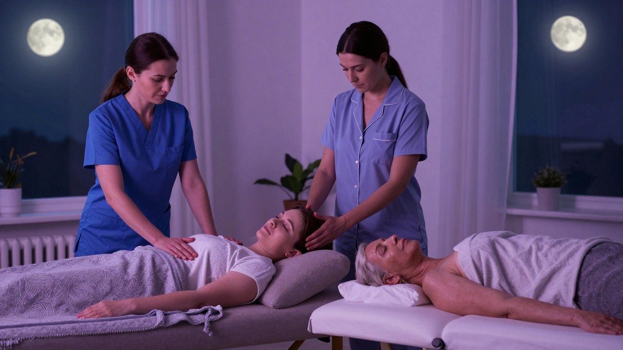 Three people in different homes receiving personalized massages at night, soft moonlight, intimate quiet moments.