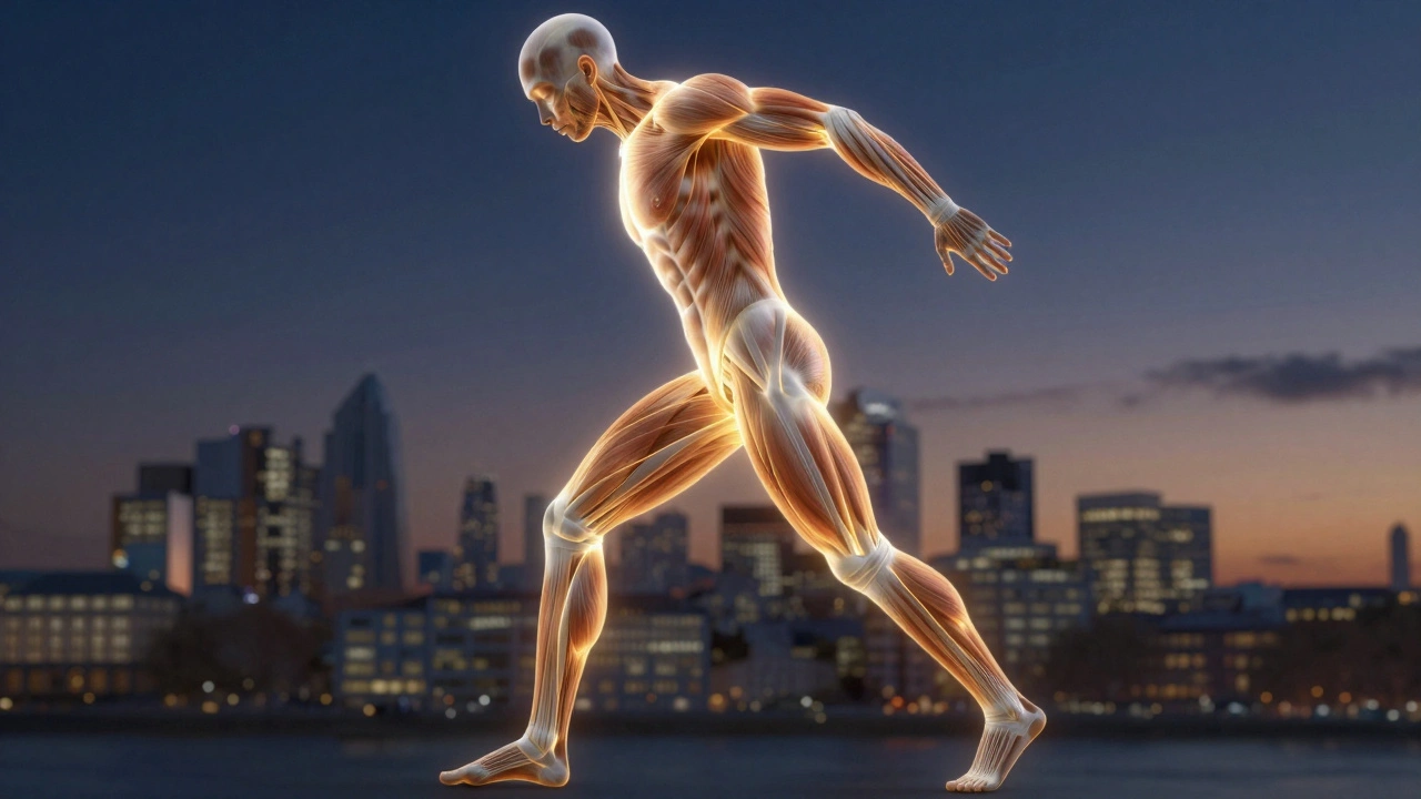 Translucent human body with glowing muscles and biomechanical lines, symbolizing recovery and performance, overlooking London skyline.