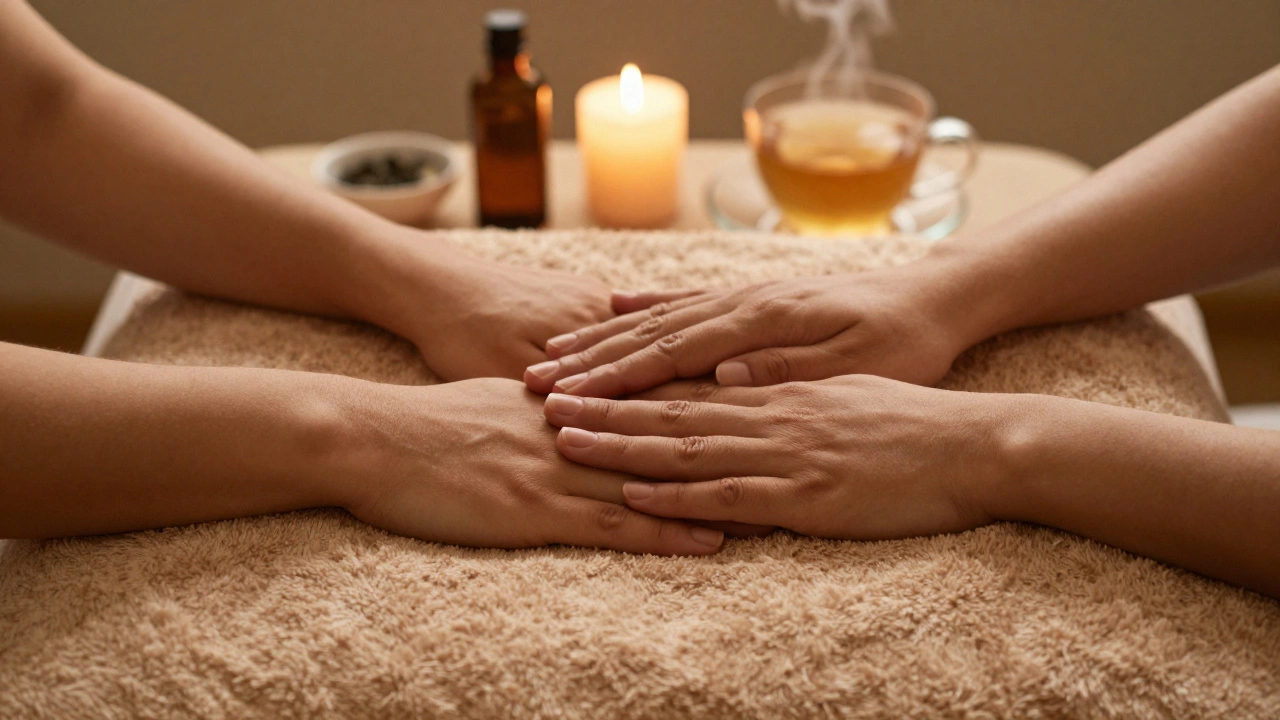 Two hands resting together under a warm towel on a heated massage table, radiating quiet intimacy.