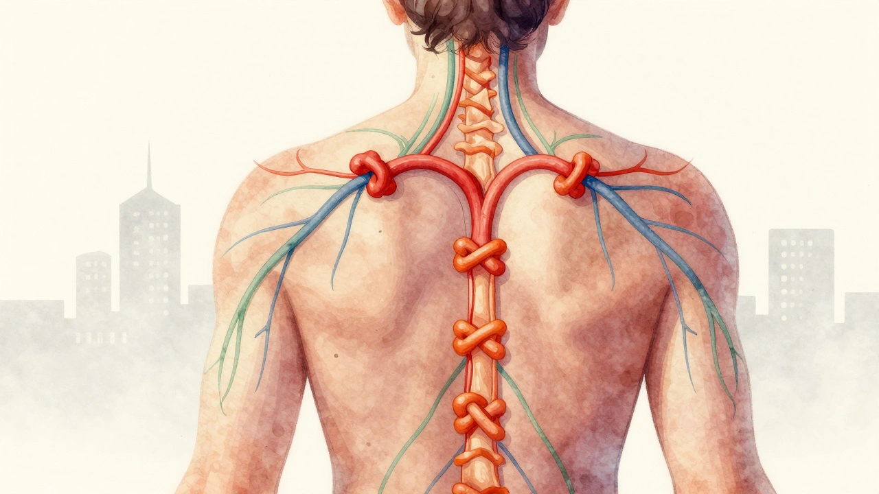 Watercolor illustration of tension knots on a back with flowing streams of blood and lymphatic release.