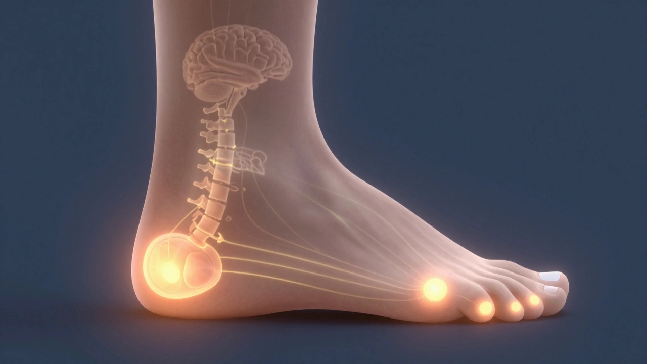 A detailed illustration of a foot with glowing pressure points linked to body systems.