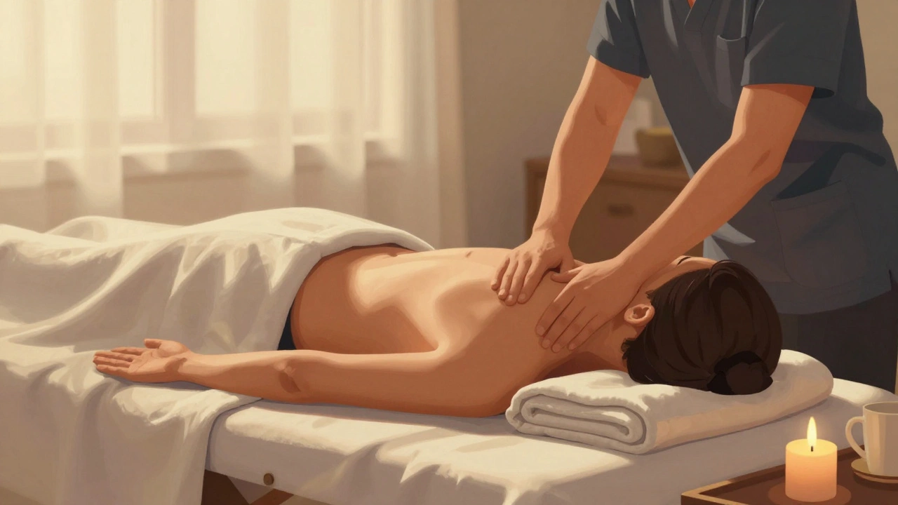 A person lies peacefully on a massage table in their bedroom, bathed in golden light, as a therapist gently works on their shoulders — personal items like a book and mug sit nearby, emphasizing comfort and home.