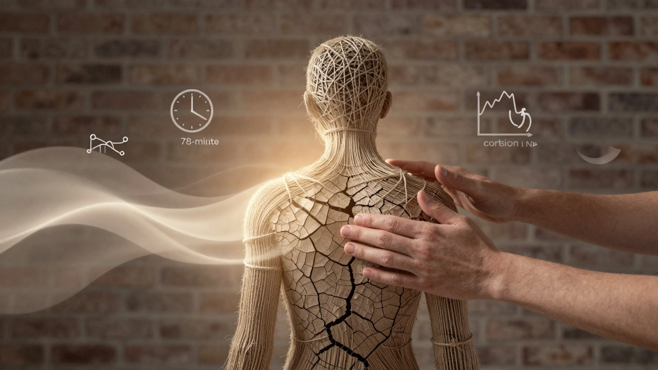 A silhouette of tension dissolving into warm light as hands hover over the back, symbolizing healing from daily stress.