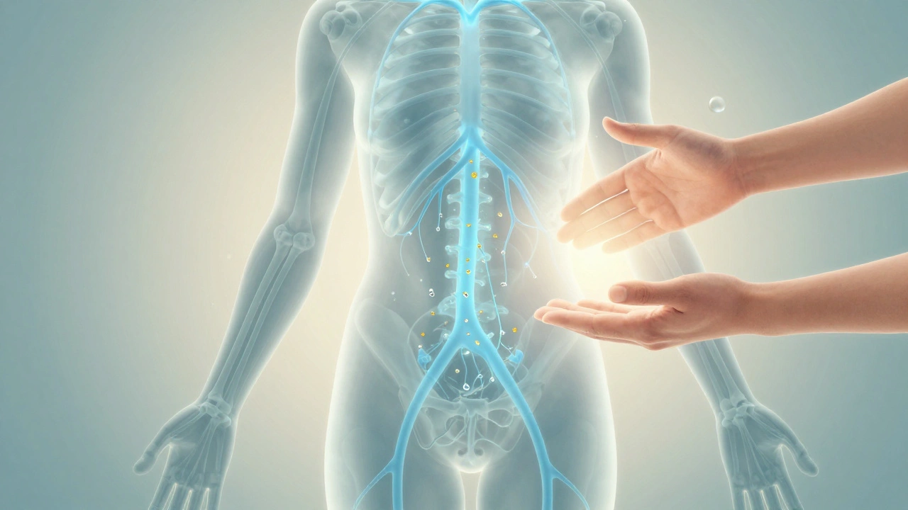 Abstract illustration of glowing lymphatic vessels moving fluid upward through the body with golden particles.