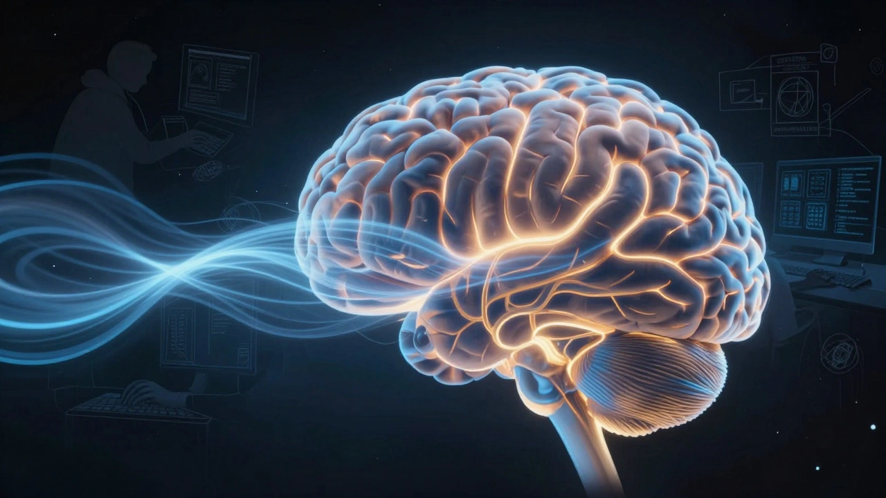 An abstract glowing brain with flowing light waves symbolizing reduced stress and enhanced creativity.