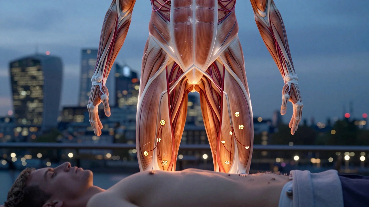 Anatomical illustration showing blood flow and lymphatic drainage during sports massage against London skyline.