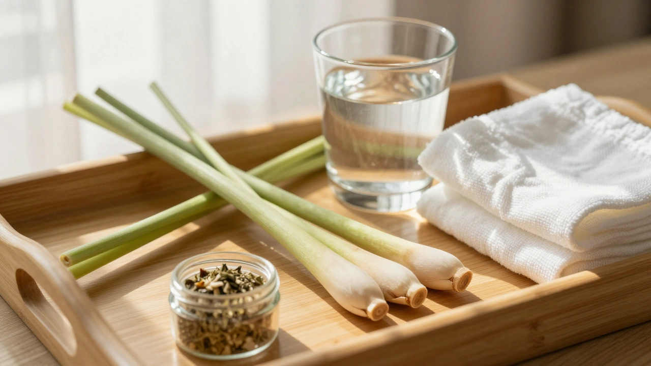 Arrangement of lemongrass, water, and towels on a tray