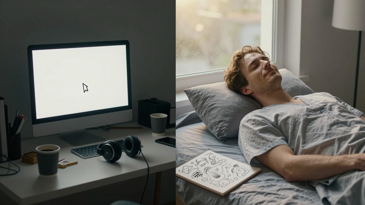 Before and after: a cluttered desk versus a peaceful person with new ideas after a massage.