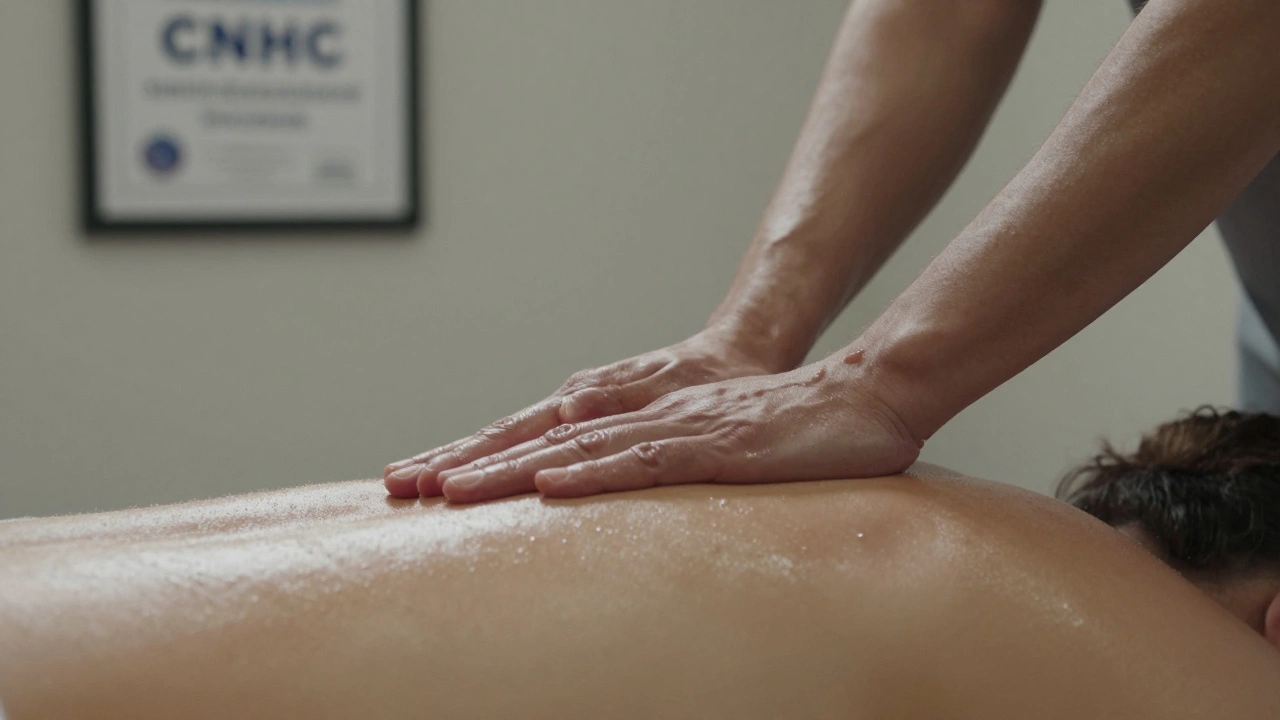 Certified therapist's hands applying precise, controlled pressure to release tension in the back.