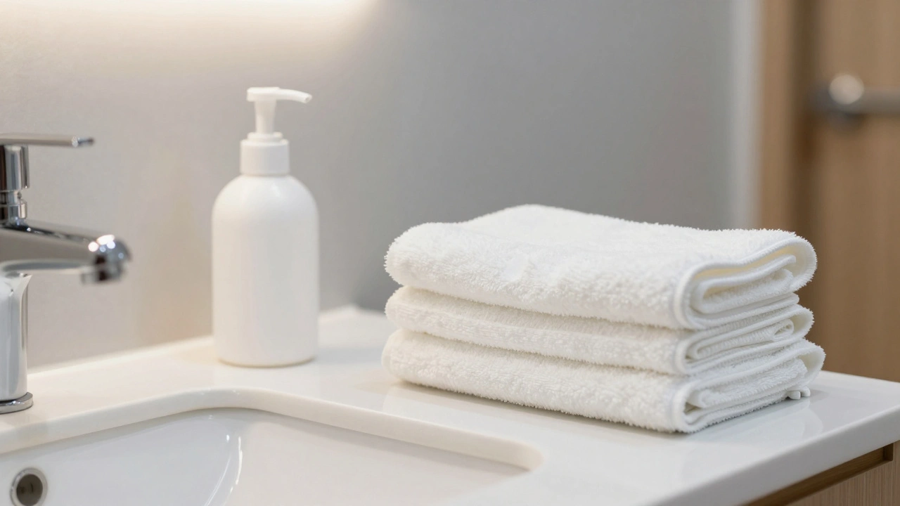 Clean hand washing station with fresh towels in a clinic.