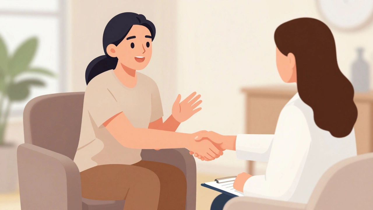 Client and therapist shaking hands during a consultation.