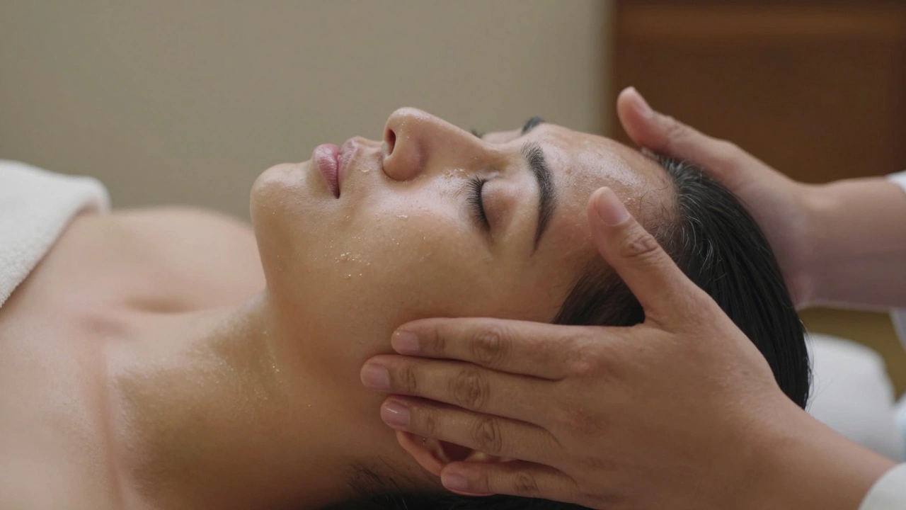Close-up of hands applying pressure along jawline and under eyes during authentic Ayurvedic head massage.
