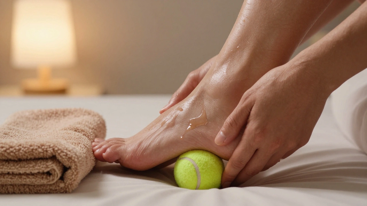 Close-up of hands massaging a foot with a tennis ball beneath the arch, oil glistening on skin.