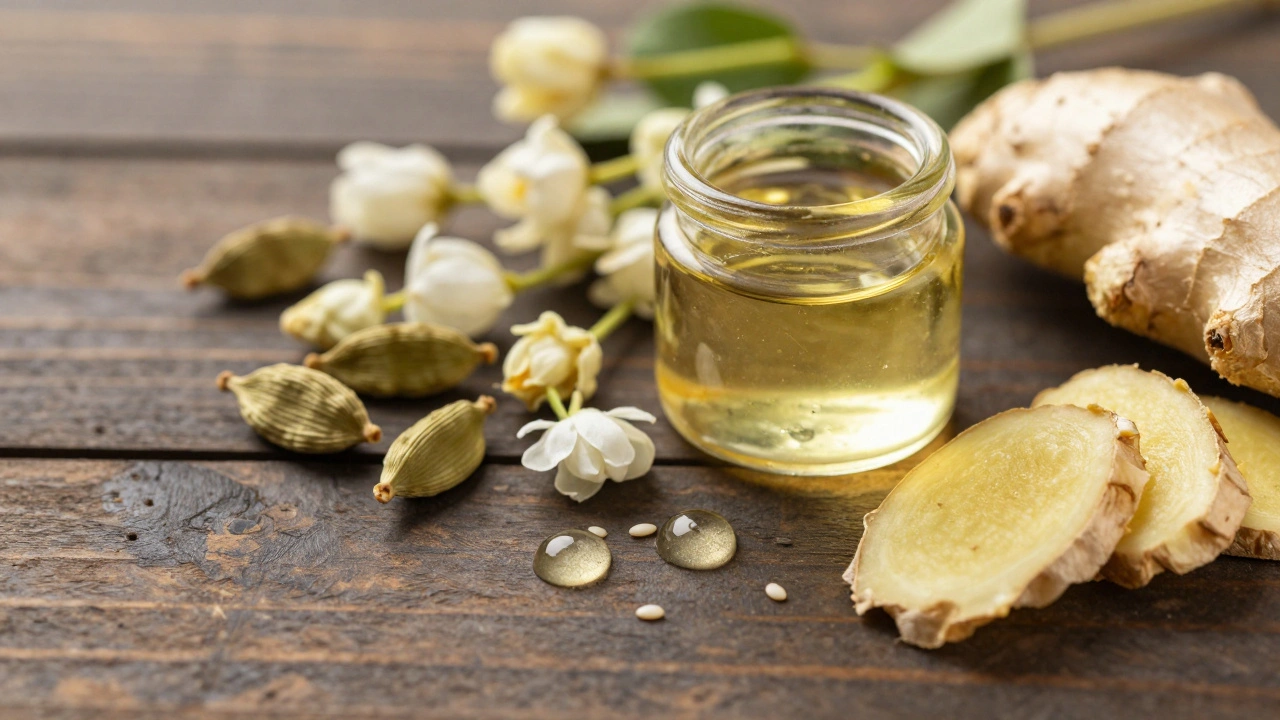 Close up of sesame oil, herbs, and flowers on wooden table